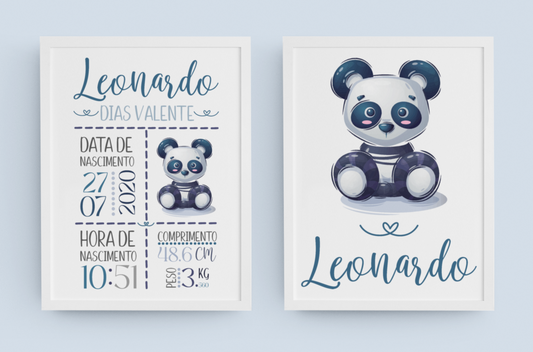 Conjunto Quadro Nascimento Bebé Personalizável + Figura com Nome - Panda - Ficheiro Digital