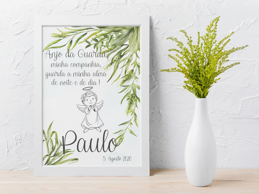 Quadro Bebé Anjo da Guarda Oração Personalizável Menino Espigas- Nome e Data Nascimento Com ou Sem Moldura
