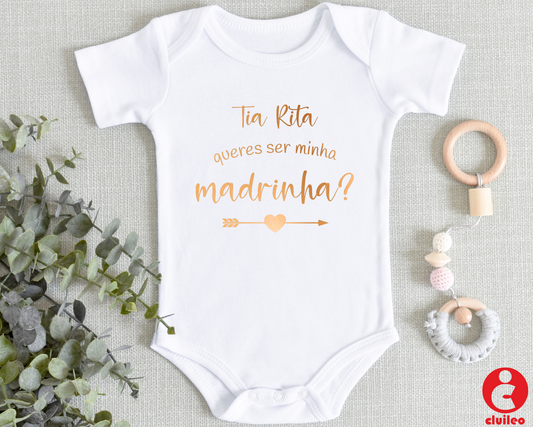 Body Bebé Personalizável Convite Madrinha "Nome, queres ser minha madrinha" 100% algodão Vinil Rose Gold