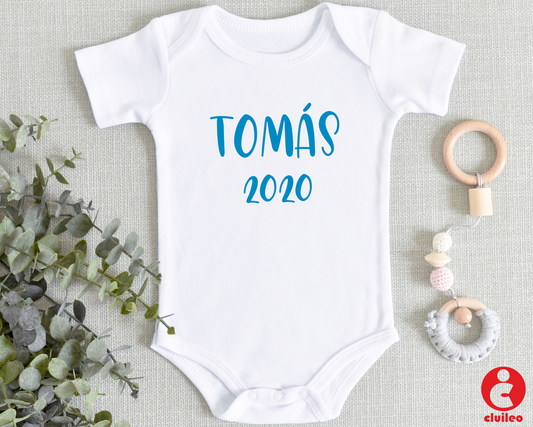 Body Bebé Personalizável "Nome, Ano menino" 100% algodão