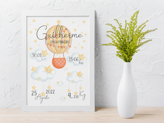 Quadro Detalhes Nascimento Bebé Com ou Sem Moldura Personalizável - Balão Menino/Menina