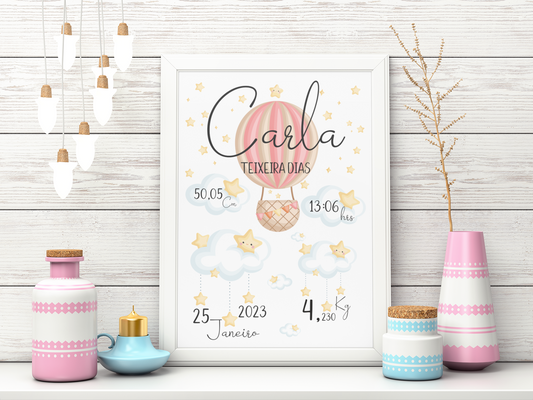 Quadro Detalhes Nascimento Bebé Com ou Sem Moldura Personalizável - Balão Menina