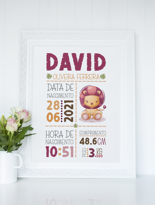 Quadro Nascimento Bebé Personalizável - Tema Safari Leão - Ficheiro Digital