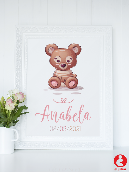 Quadro Nascimento Bebé Personalizável Nome e Data- Urso - Ficheiro Digital