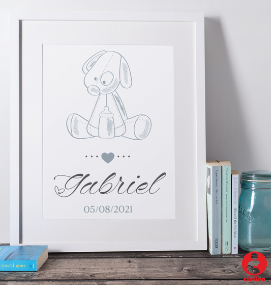 Quadro Nascimento Bebé Personalizável Nome e Data- Peluche Menino - Ficheiro Digital