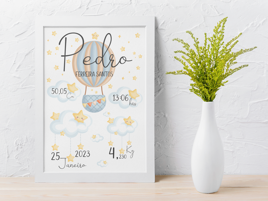 Quadro Detalhes Nascimento Bebé Com ou Sem Moldura Personalizável - Balão Menino