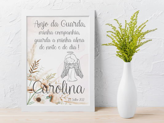 Quadro Bebé Floral Bege Anjo da Guarda Oração Personalizável - Nome e Data Nascimento Com ou Sem Moldura