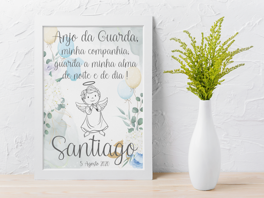 Quadro Bebé Anjo da Guarda Oração Personalizável Menino Azul- Nome e Data Nascimento Com ou Sem Moldura